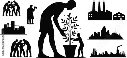Silhouette concept of environmental growth, city pollution, social problems, nature care, teamwork, and generational responsibility for a sustainable future