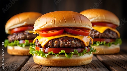 Three delicious gourmet cheeseburgers on a rustic wooden table