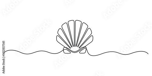 Continuous one line drawing of a seashell. Single line art of beauty product pearl minimalist, Pearl in a seashell one line art drawing, Continuous one line drawing of sea shell. Vector illustration