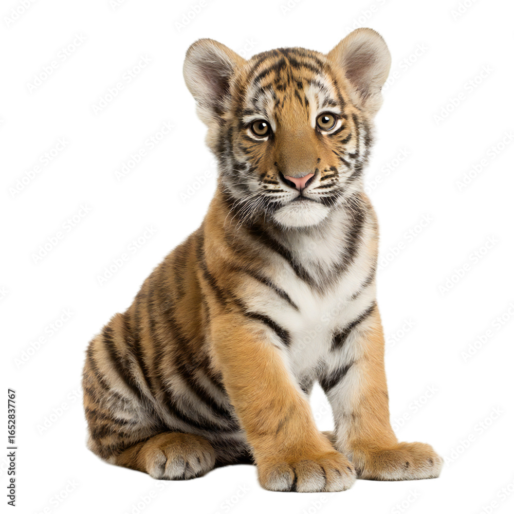 Fototapeta premium Cute tiger cub sitting and looking at the camera, isolated on transparent background
