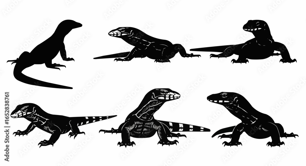 Naklejka premium Monitor Lizard Silhouette Set on White Background – Komodo Dragon, Water Monitor, Savannah Monitor, Nile Monitor, Exotic Reptiles, and Giant Lizard Vector Silhouettes Isolated
