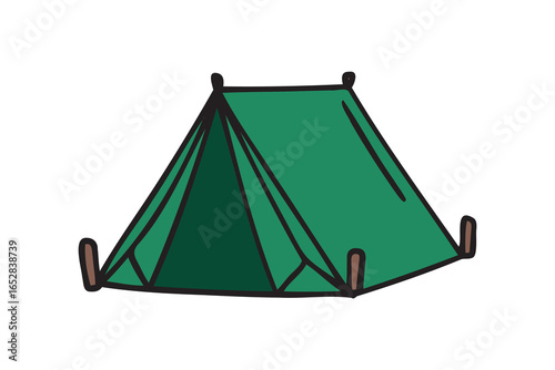 Camping green tent icon doodle hand drawn. colorful cartoon line drawing clipart symbol