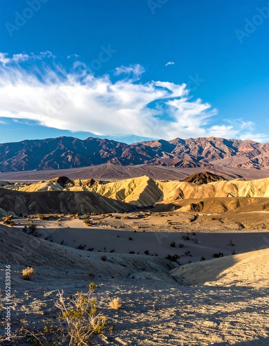 Desert landscape with colorful layered hills and sand dunes under a clear blue sky