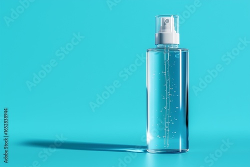 Bottle with pump and gel on blue background