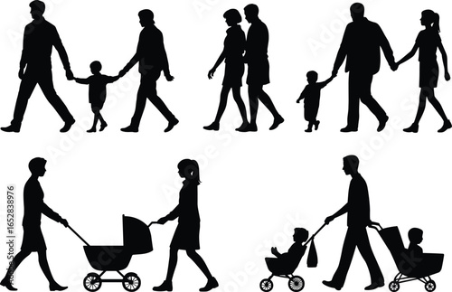 Silhouette of families walking together, parents holding hands with children, baby stroller, outdoor family activity, happy parenting moments