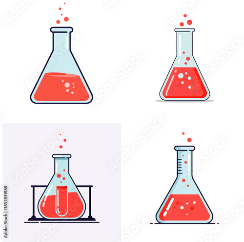 Four illustrations showcasing different perspectives of laboratory flasks filled with red liquid, bubbles.