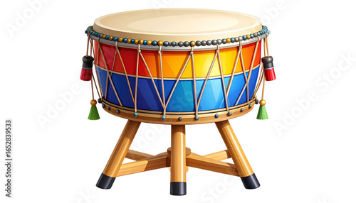 A stylized illustration of a traditional Korean festival drum, set on a wooden stand. Bold colors and simple lines create a vibrant, eye-catching design. Perfect for festival or cultural themes isolat