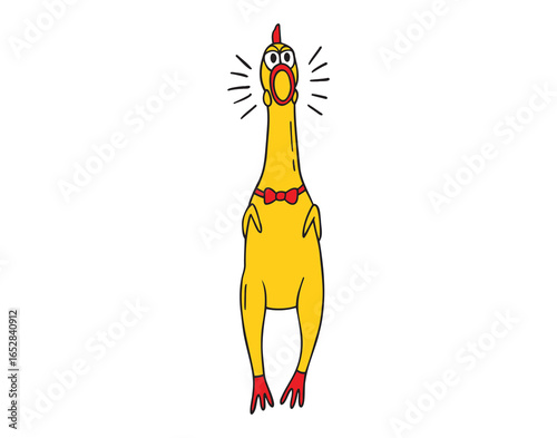 Funny screaming rubber yellow chicken toy, squawking chicken icon doodle hand drawn. colorful cartoon drawing clipart symbol