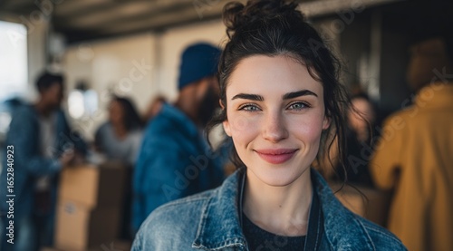 Wallpaper Mural 
A photo of an attractive female model smiling and looking at the camera as she stands in front of people moving boxes, with a busy background  Torontodigital.ca