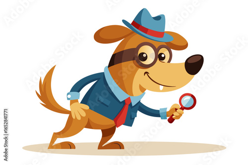 Funny cartoon illustration of a detective dog wearing a green coat and brown hat, holding a magnifying glass over one eye with a curious expression.