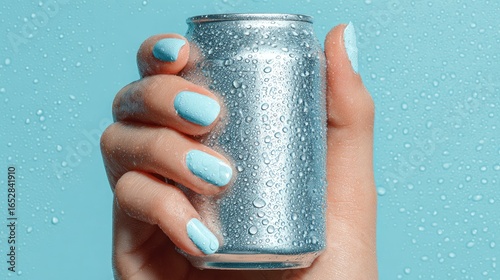 A hand with light blue nails holds up an aluminum can of soda