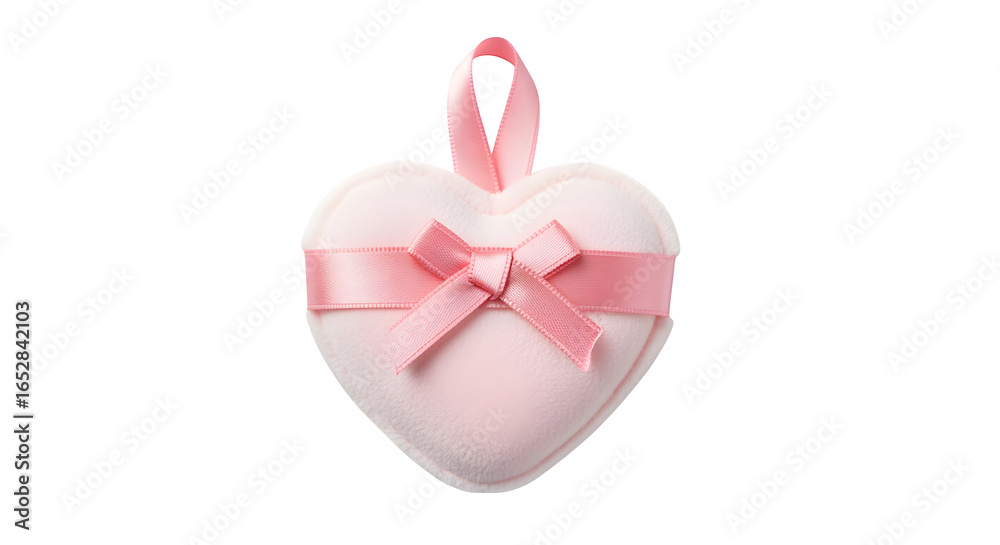 Obraz premium Powder puff in heart shape with ribbon holder, isolated on white background