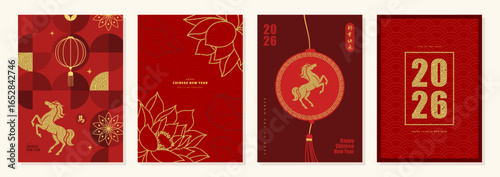 Set of elegant greeting cards for Chinese New Year 2026 with Year of Horse, with lotus flowers and traditional Asian patterns. Luxury red and gold templates for holiday invitation or poster design
