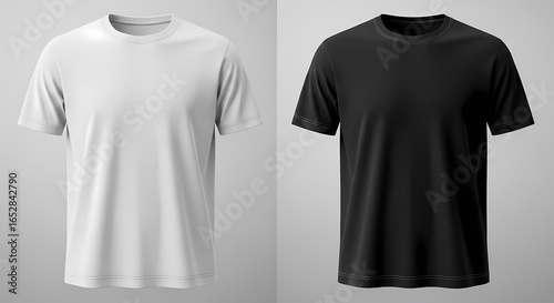 Men's white and black t-shirt with short sleeve mockup. Front view. Vector template.