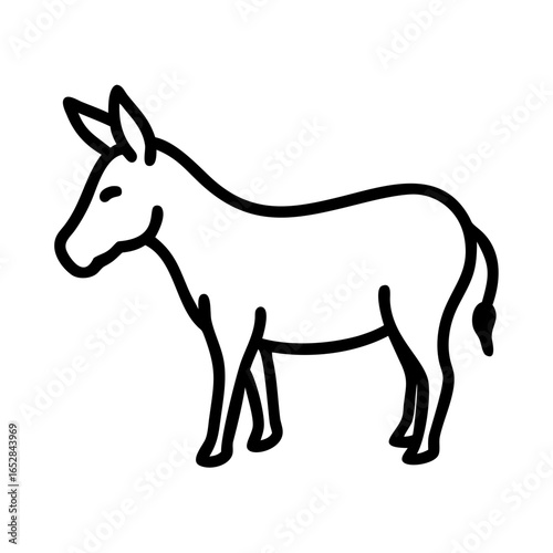 Simple outline drawing of a donkey standing with a small tail and long ears in a white background