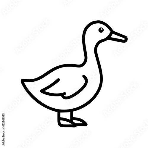 Simple outline drawing of a waterfowl with a long neck and small eye standing on webbed feet