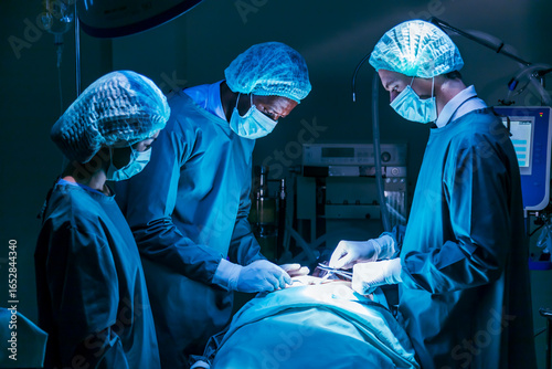 Quadro su tela Team of surgeon doctors are performing heart surgery operation for patient from