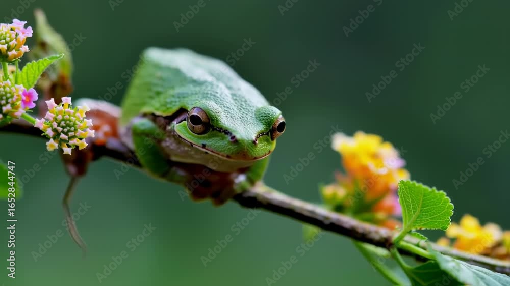 Green Tree Frog Sitting on Flower Branch in Nature Green Tree Frog Sitting on Flower Branch in Nature