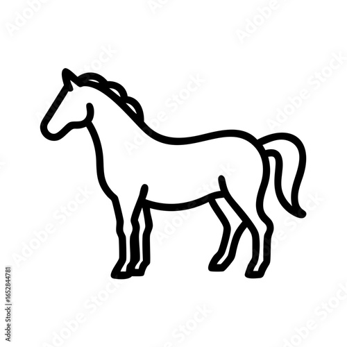 Outline drawing of a standing equine with a flowing mane and tail in a simple artistic style