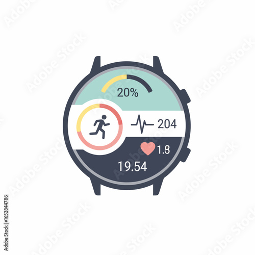 Modern smartwatch with a round display showing a fitness tracking app with running and heart rate data.