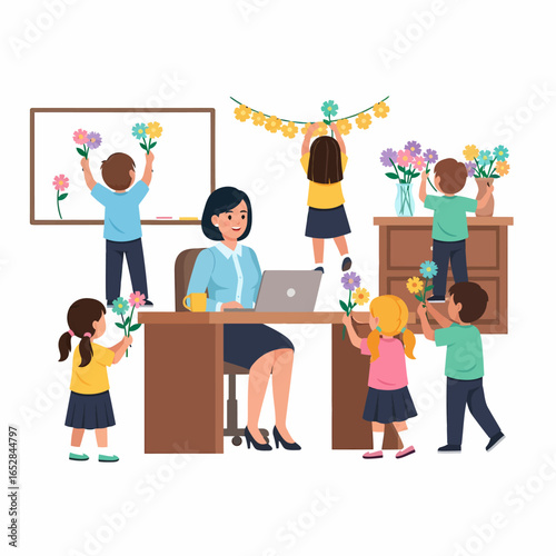 Happy students giving colorful flowers and decorating the classroom for their smiling female teacher during a celebration.
