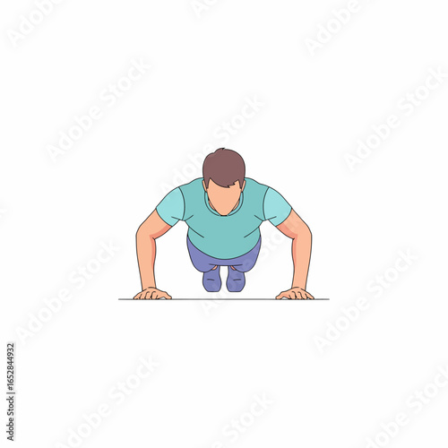 Vector illustration of a fit man in a teal t-shirt performing a push-up front view.
