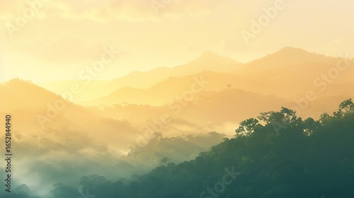 Golden hour mountain landscape with silhouetted trees