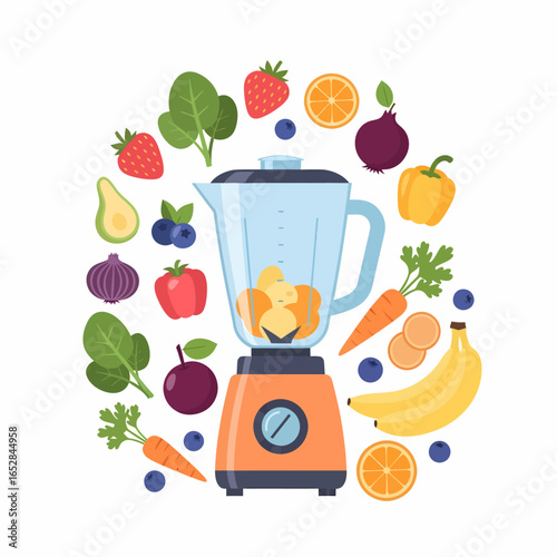 A vibrant flat illustration of a kitchen blender surrounded by a circle of fresh fruits and vegetables.