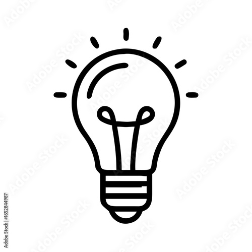 A simple drawing of a lightbulb with radiating lines above it on a plain white background design art