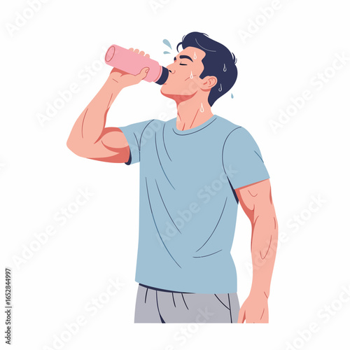 Sweaty muscular young man in a blue t-shirt drinking water from a pink bottle to rehydrate after exercise.