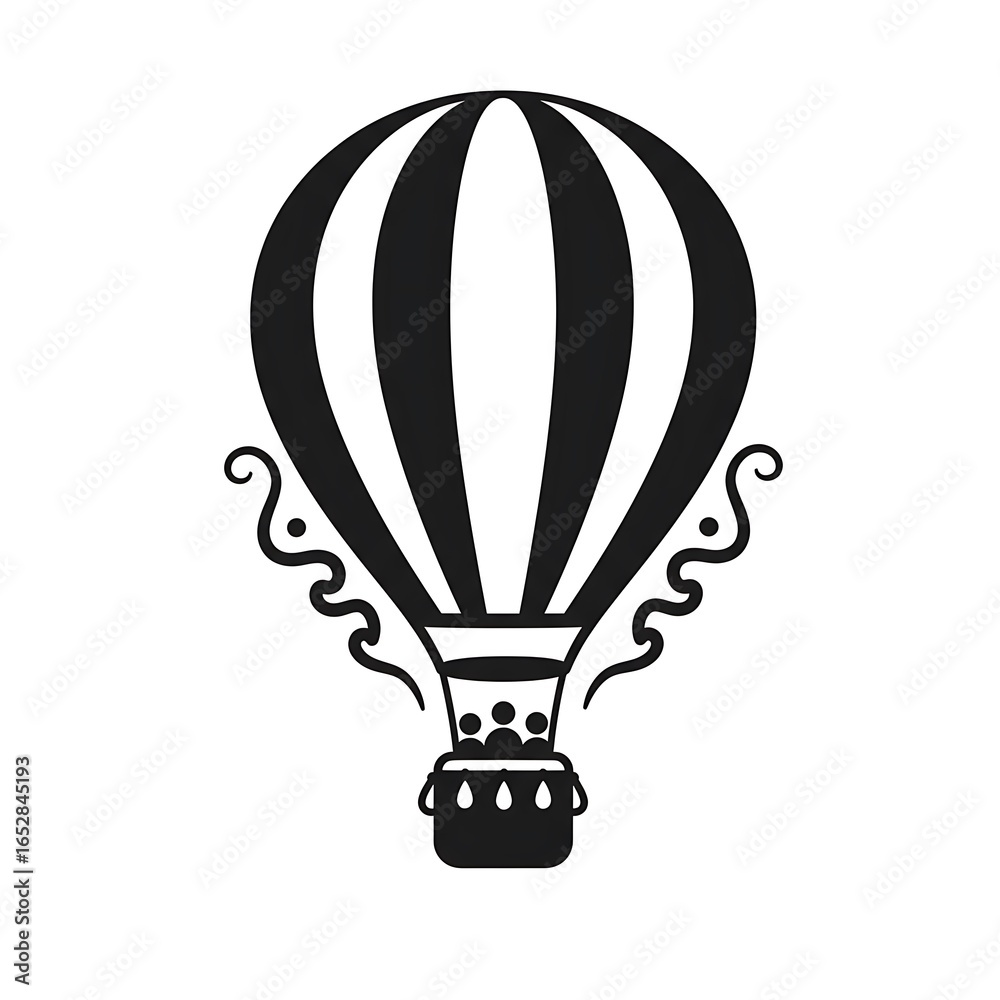 Obraz premium Black and White Hot Air Balloon Icon with Passengers and Swirls