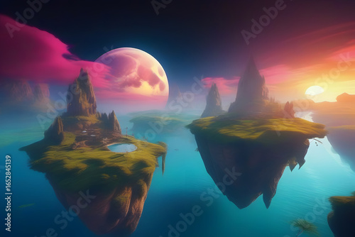 Surreal Fantasy Landscape with Floating Islands and Cosmic Moon