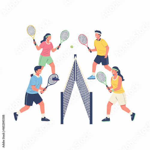 A vibrant flat illustration of two men and two women engaged in a lively doubles tennis match.