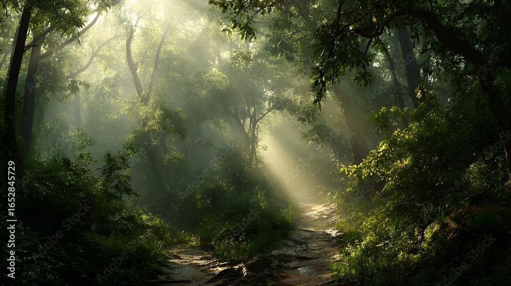 Obraz premium Sunlight streams through a misty forest path, illuminating a vibrant green landscape.