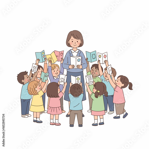 A kind female teacher surrounded by her enthusiastic students proudly showing their illustrated cards.
