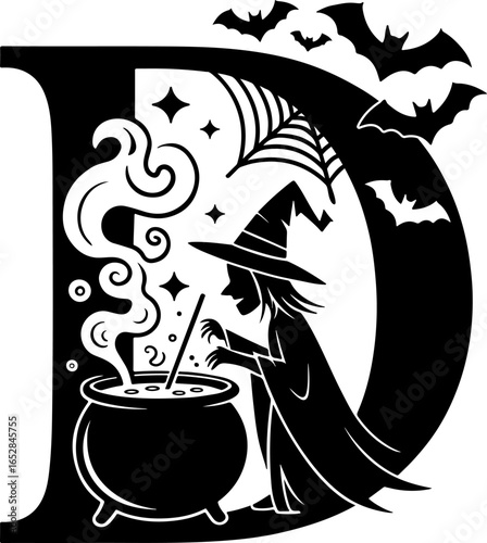 black witch brewing potion halloween letter d clip art preview