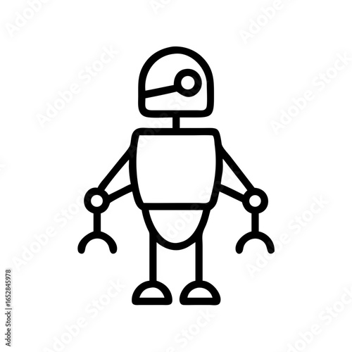 Simple line drawing of a futuristic automated machine with a helmet and claw hands standing upright