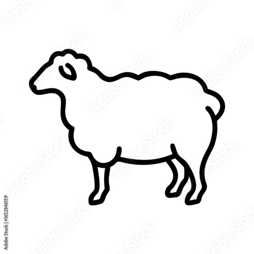 A simple graphic of a sheep standing sideways with a fluffy coat and thin legs in outline style