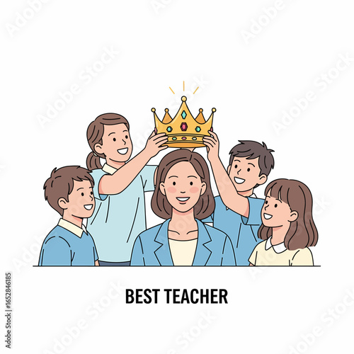 Students crowning their smiling female teacher with a golden jeweled crown as a sign of appreciation.