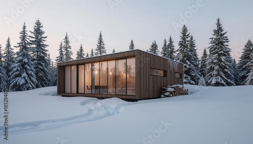 Modern Cabin nestled in a snowy pine forest at twilight