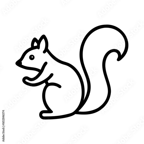 Simple outline drawing of a squirrel standing with its bushy tail curled upwards in black and white design