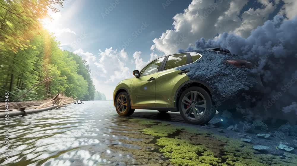 Émissions de dioxyde de carbone d'une voiture qui affecte l'environnement sur une route dans une forêt