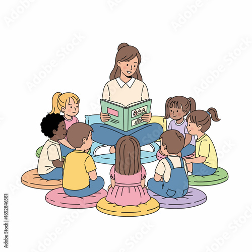 Teacher Reading Storybook to Diverse Group of Children Sitting on Cushions.