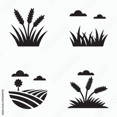 Open Field Silhouette Icons Set Grassy Countryside Landscape