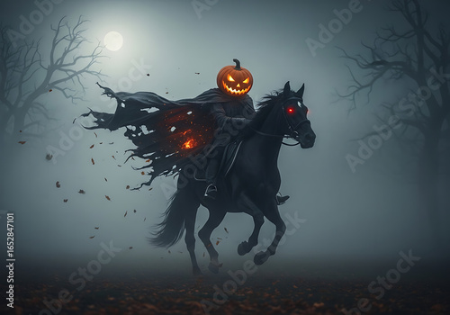 A headless horseman with a pumpkin head riding a black horse in a spooky foggy forest scene
