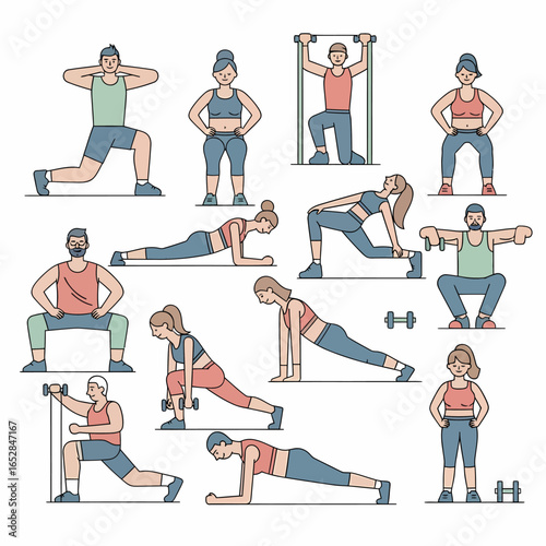Diverse Fitness Poses for Men and Women in Various Exercises.