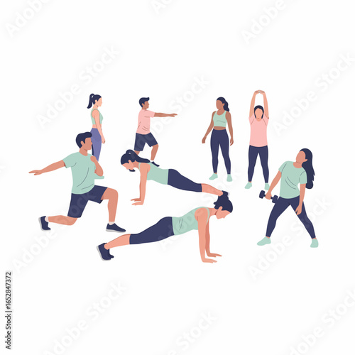 A diverse group of illustrated men and women in sportswear performing various fitness exercises like planks lunges and stretches.