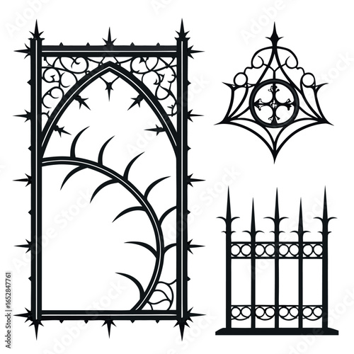 Gothic Architectural Elements Silhouette Collection Ornamental Window Panel Fencing and Pointed Floral Decor