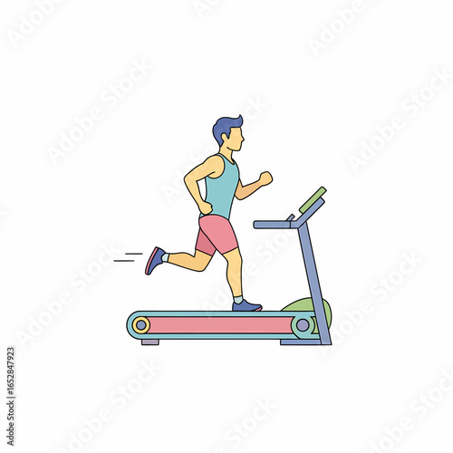 Cartoon illustration of a fit man with blue hair running on a colorful treadmill side view.