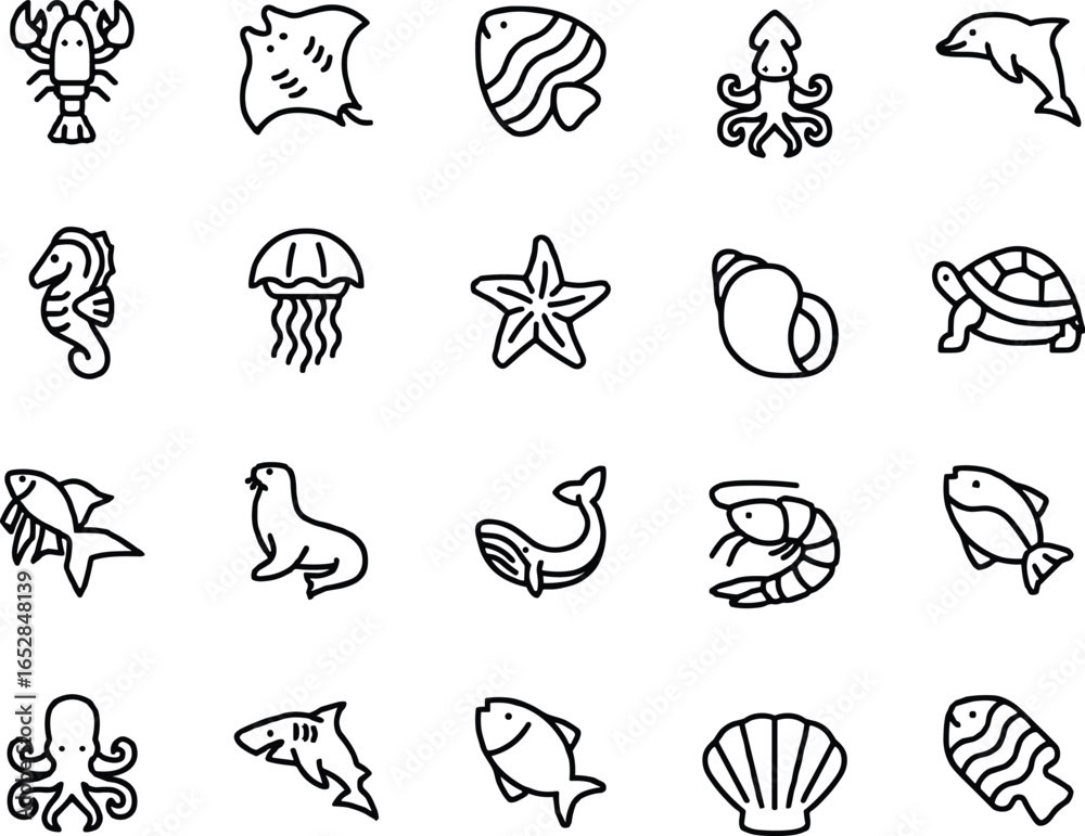 Fototapeta premium Sea animals vector icon set for marine and underwater designs black silhouette print design